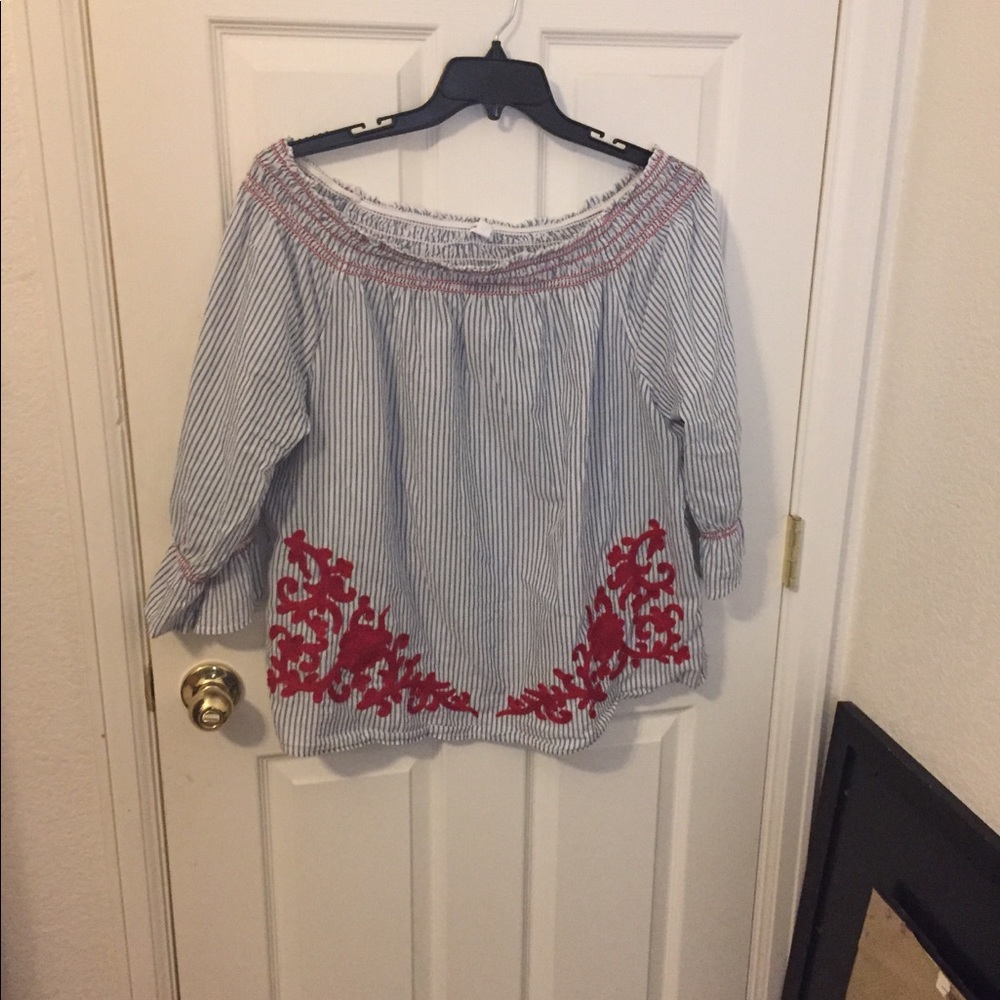 White and blue stripe off shoulders top